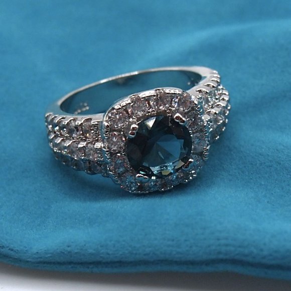 Stunning  2.5ctw Blue Sapphire / Diamond Halo Bridal Ring 925 Sterling Silver - Picture 3 of 16
